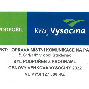 Podpora Kraje Vysočina na opravě místní komunikace na parcele č. 611/14. 1